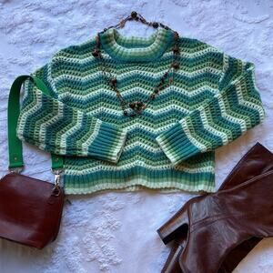 HIPPIE ROSE Chevron Loose Knit Sweater Women's Sz M Green Retro Warm Cozy Comfy